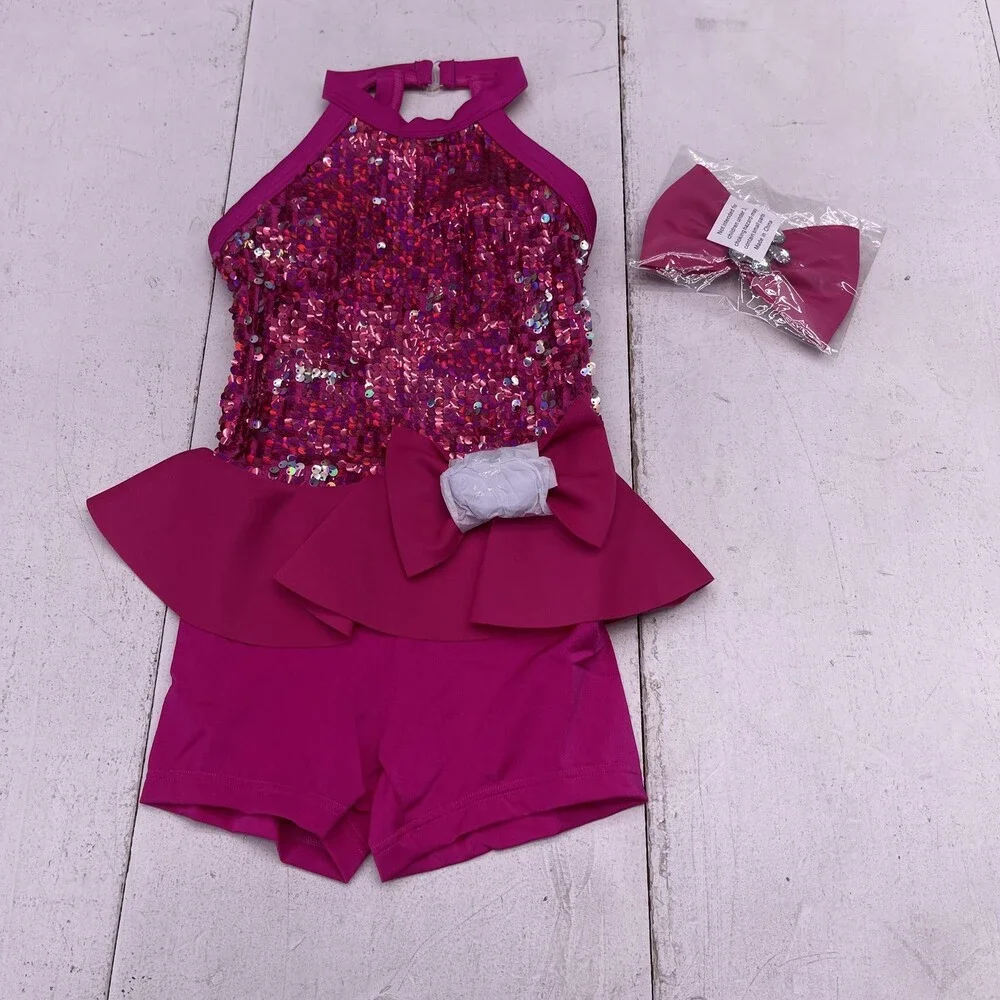 Weissman Werk It Dance Costume Set Girls 7-8 Pink Sequin Romper Bow 2 Piece